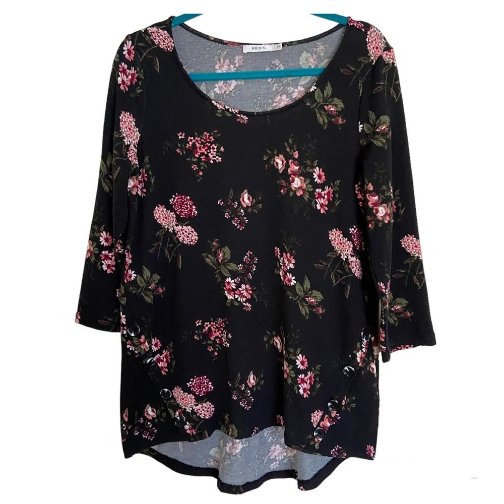 Ricki's Women's Black Floral 3/4 Sleeve Top With Side Buttons Size Large